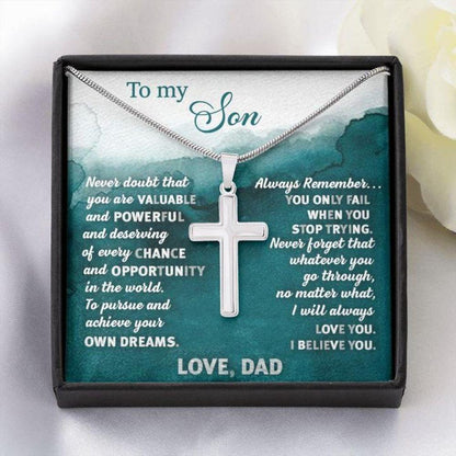 Son Necklace, Cross Necklace Gift To Son From Dad - Green - Faithful Cross Necklace - Gift Necklace Message Card