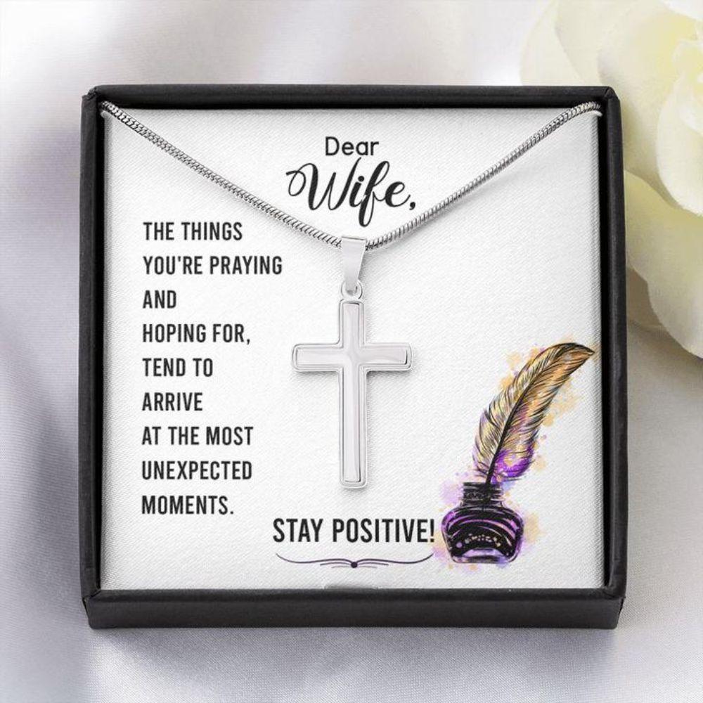 Wife Necklace, Gift To Wife - Wife Necklace Stay Positive - Faithful Cross Necklace - Gift Necklace Message Card