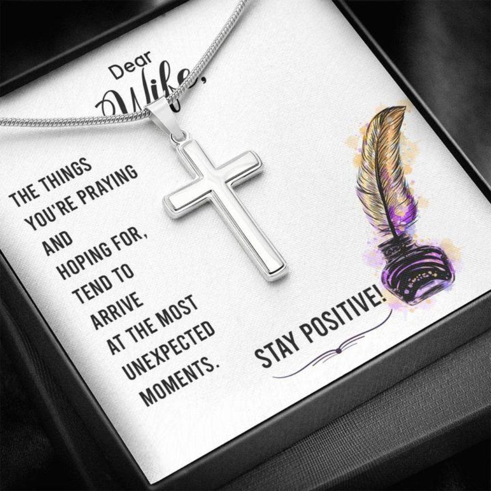 Wife Necklace, Gift To Wife “ Wife Necklace Stay Positive “ Faithful Cross Necklace “ Gift Necklace Message Card